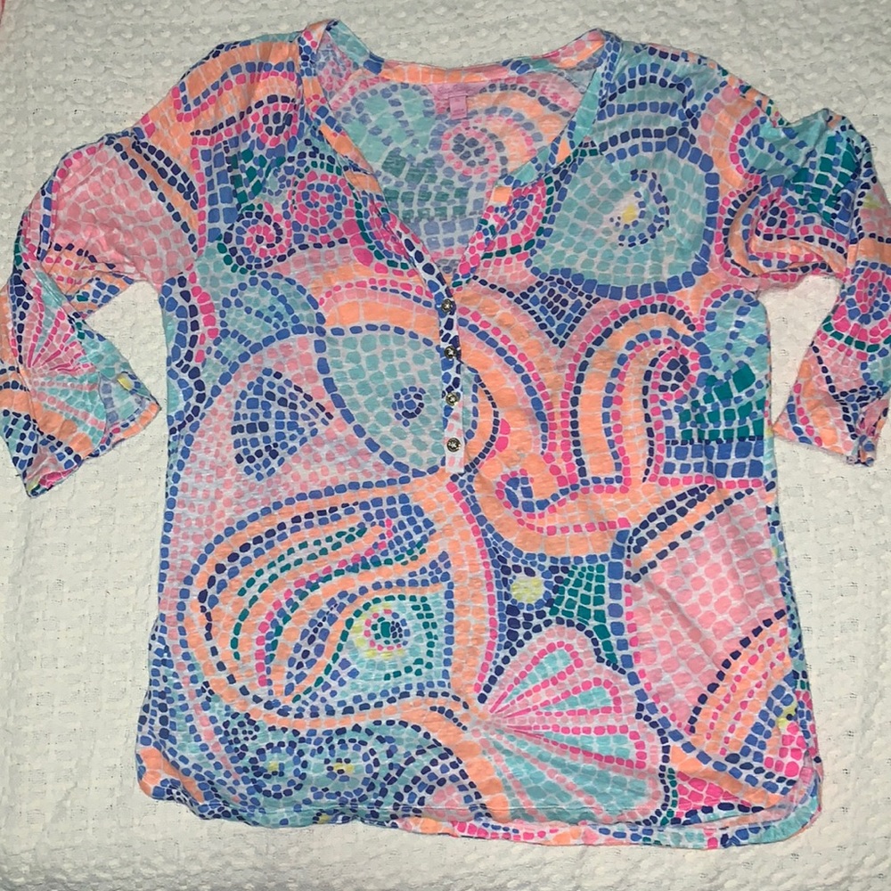 Lilly Pulitzer Tile Wave Mosaic Linen Top XL NWOT